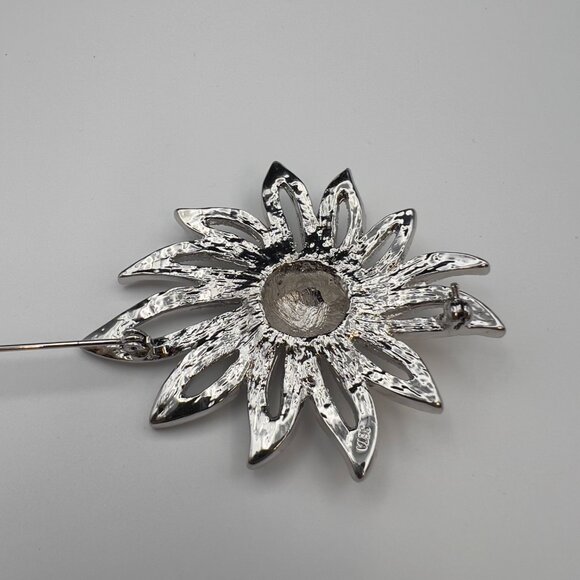 Vintage SETA Brooch Rhinestone Silver Tone Flower Large Chunky - Picture 7 of 9